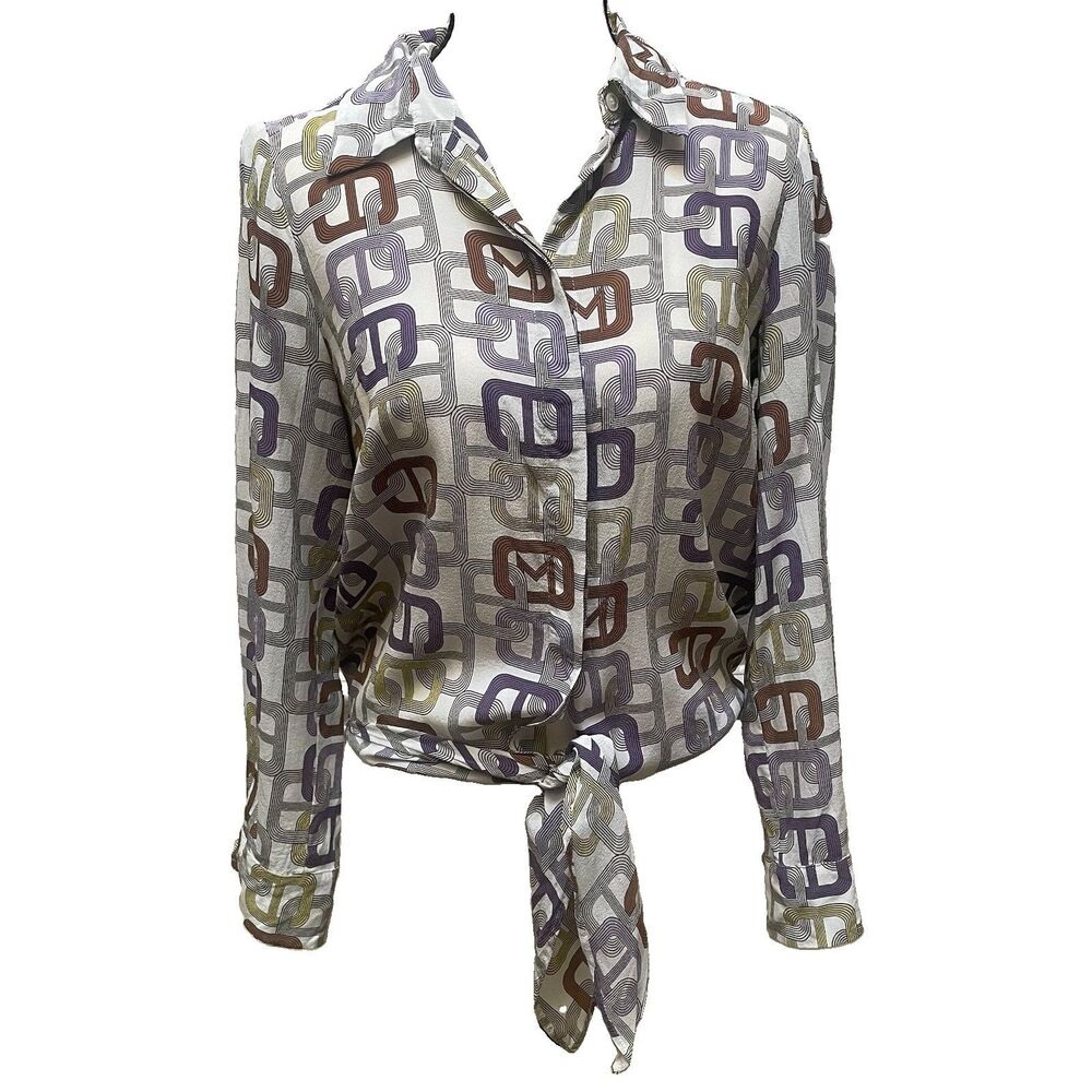 Marella Pure Silk Geometric Tie Front Shirt 38 Retro Geo 70s Boho Luxury Artsy